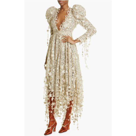 ZIMMERMAN Celestial Zodiac Long Sleeve Lace Midi Dress AUS 1/US 6 Champagne NWT - Picture 4 of 16